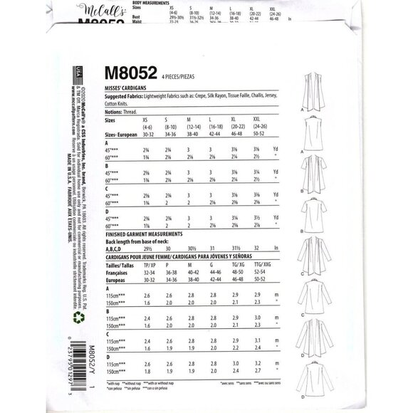 McCall's M8052 Misses XS to M Cardigan Jacket and Vest Uncut Sewing Pattern New - Picture 2 of 2